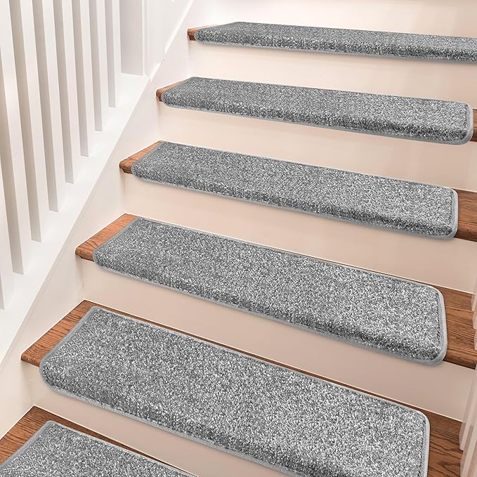 PURE ERA Bullnose Carpet Stair Treads Set Tape Free Non-Slip Indoor Stair Protectors Pet Friendly Rugs Covers Soft Skid Resistant Washable Reusable 9.5" x 30"(7 Pieces,Gray)