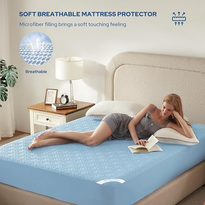 BEDLORE Waterproof Mattress Protector, Cal King Size Mattress Pad with Deep Pocket 6"-22" Depth, Soft Dirt-Proof Double Bed Mattress Cover for Bedroom, College Dorm, Hotel (Sky Blue)