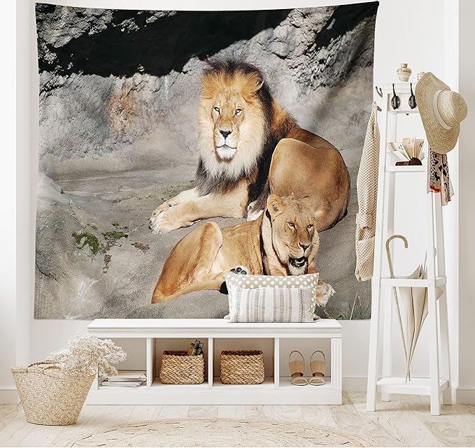 Ambesonne Zoo Tapestry, Male and Female Lions Basking in The Sun Wild Cats Habitat King of Jungle, Fabric Wall Hanging Decor for Bedroom Living Room Dorm, 23" X 28", Pale Brown Grey Yellow