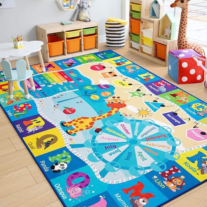 Chicrug Educational Kid Area Rug for Playroom, 6x9 Feet TPR Non Slip Kids Classroom Carpet Rug for Learning ABC Animal, Shape Color Fruit, Washable Play Mat Rug for Children Nursery Toddler Room Decor