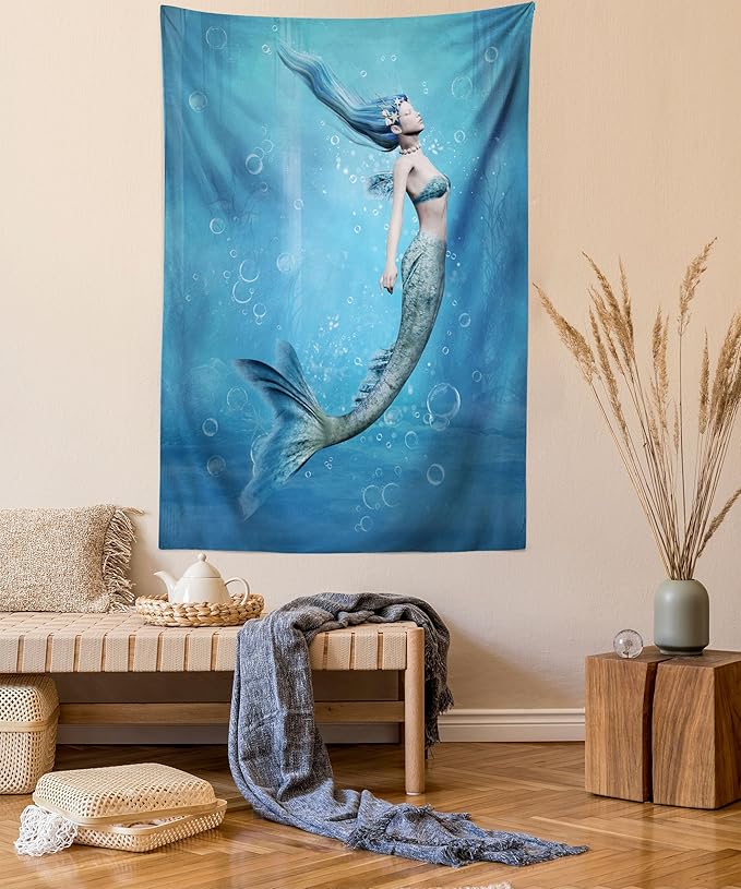 Ambesonne Underwater Tapestry Queen Size, Mermaid Fishtail Floating Bubbles Mythical Creature Ocean Life Art Print, Wall Hanging Bedspread Bed Cover Wall Decor, 88" X 88", Blue Gray