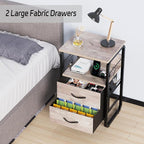 Nightstand with Drawers, Storage Night Stand with Charging Station Type C Port, Small Side Table with Hooks, Wood Metal End Table for Living Room, Bedroom, Dorm, Greige