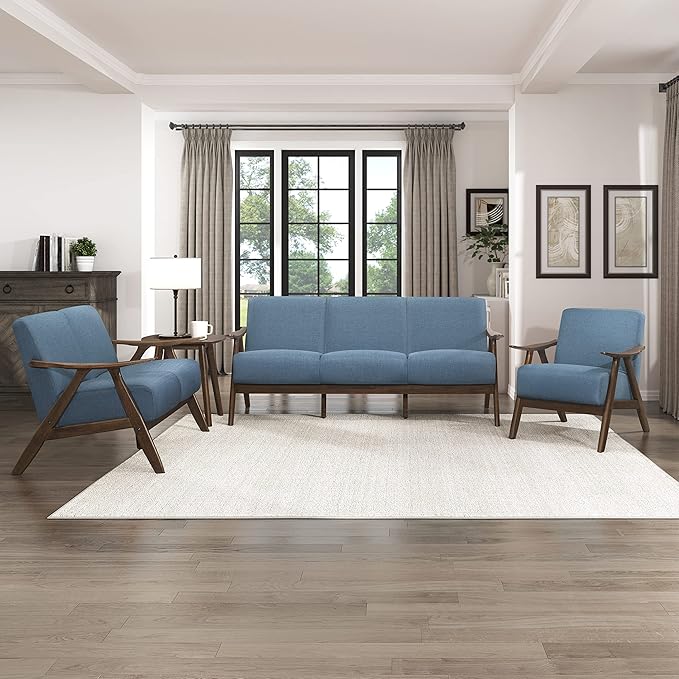Lexicon Mid Century Modern Accent Chair with Solid Wood Frame in Walnut Finish, Upholstered Living Room Lounge Arm Chair, Thick and Comfy Innerspring Seat Cushion, Linen-Look Fabric, Blue