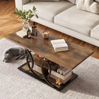 GiftGo Rustic Coffee Table with Storage Industrial 3 Tier Center Living Room Table Farmhouse Wooden Rectangle Cocktail Tea Table for Office Bedroom Elegant Full Moon Round Metal Frame (Brown, L-47)