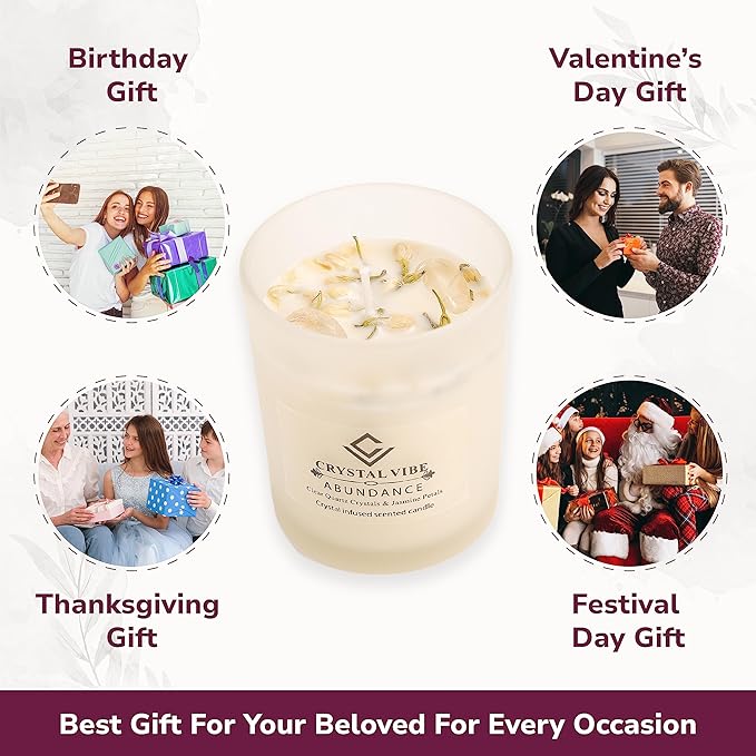 Crystal Vibe Jasmine Scented Candle with Clear Quartz Crystals and Jasmine Petals for Aromatherapy Mditation - Attract Abundance - Natural Soy Candle Gifts for Christams Birthdays
