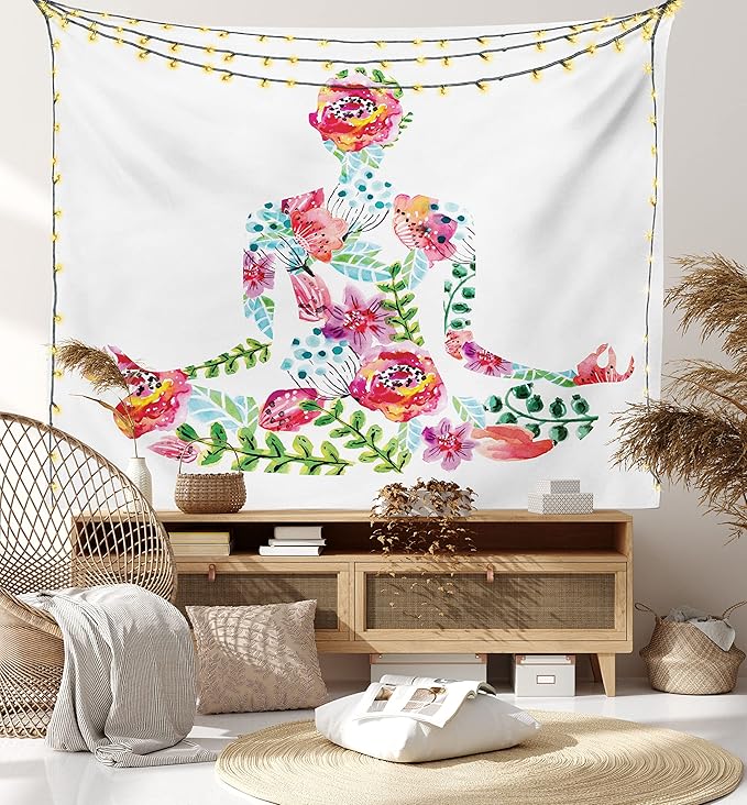 Ambesonne Yoga Tapestry, Silhouette in Lotus Pose with Blooming Watercolor Flowers Green Leaves Body and Mind, Fabric Wall Hanging Decor for Bedroom Living Room Dorm, 45" X 30", Blue Pink