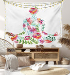 Ambesonne Yoga Tapestry, Silhouette in Lotus Pose with Blooming Watercolor Flowers Green Leaves Body and Mind, Fabric Wall Hanging Decor for Bedroom Living Room Dorm, 28" X 23", Blue Pink