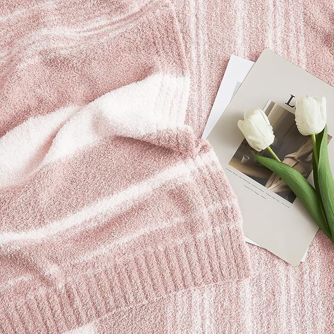 WRENGONGE Pink Twin Blanket, 60x80 Soft Cozy Microfiber Striped Twin Blankets for Couch, Sofa, Bed, Travel, Lightweight Fluffy Warm Plush Decorative Blankets for Women, Men Gift