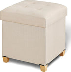 17.7" Ottoman with Storage, Square Storage Ottoman for Dorm, Linen Ottomans with Legs for Living Room, Bedroom, Beige