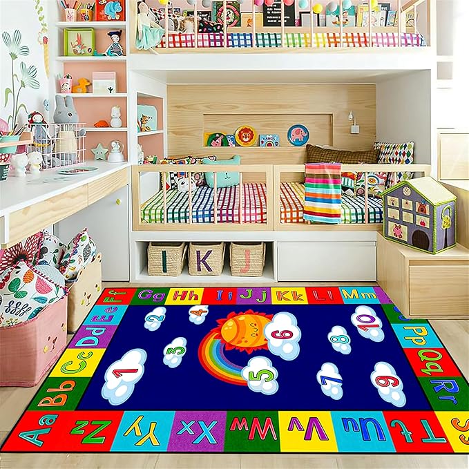 Educational Kids Rug 5x8ft - ABC Alphabet & Numbers Learning Play Mat with Rainbow, Sun & Fun Illustrations - Washable Play Mat for Nursery, Playroom, Preschool Classroom