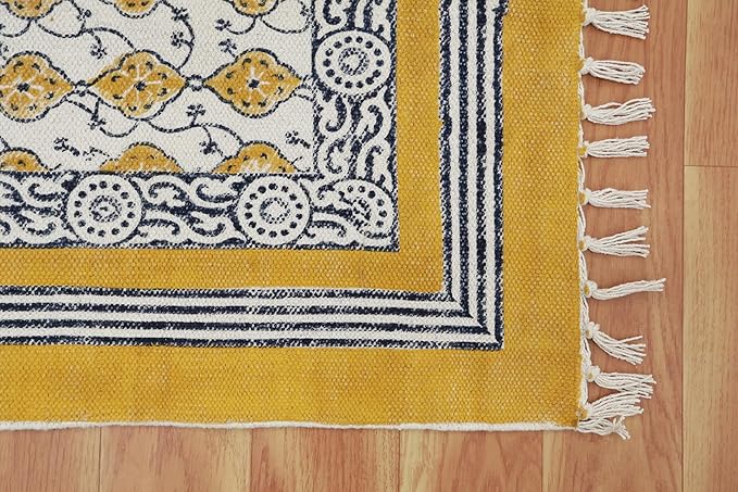 Area Rug 4' Square Rug Yellow & Beige Cotton Dhurrie Oriental Thick 0.19 inches Stone Easy Washable Rug Hand Wash Cotton Carpet Flatweave Rug Indoor Outdoor Rugs for Kitchen, Bedside, Enterway