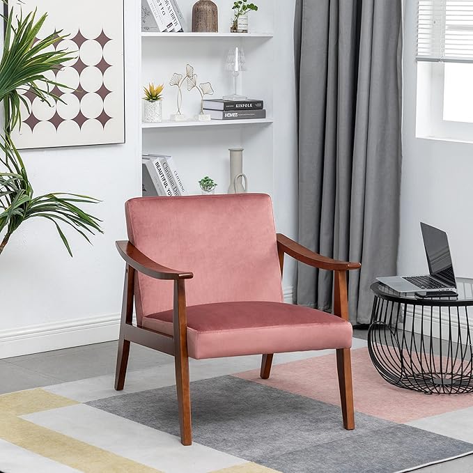 Accent Chair with Velvet Upholstery and Solid Wood Frame, Classic Mid-Century Modern Living Room Furniture for Extra Seating, Rose