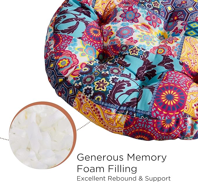 Codi Meditation Floor Pillow, Boho Pillows Seating for Adults and Kids, Large Round Cushion for Yoga Living Room Tatami Sitting, Memory Foam Added, 22x22 Inch, Multi Patchwork