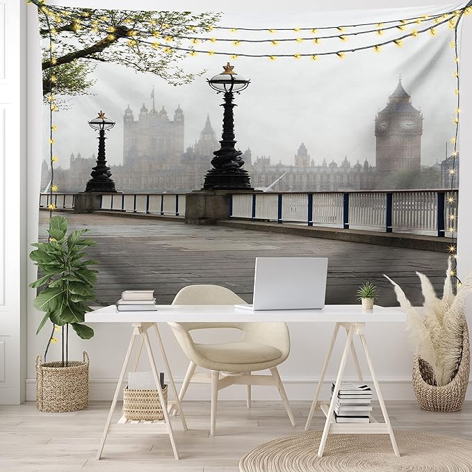 Ambesonne London Tapestry King Size, Big Ben View from the Street Palace of Westminster Touristic Britain, Wall Hanging Bedspread Bed Cover Wall Decor, 104" X 88", Off White Brown