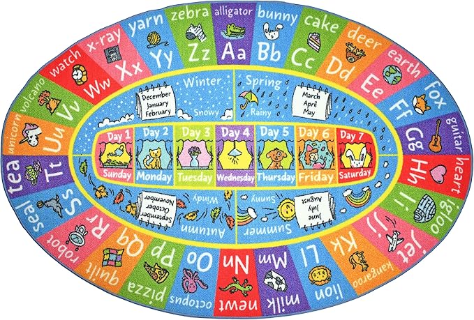 KC Cubs Educational Kids Rug – ABC Alphabet, Seasons, Months & Days Learning Mat – Soft Interactive Carpet for Classroom, Playroom & Bedroom 3x5 Oval