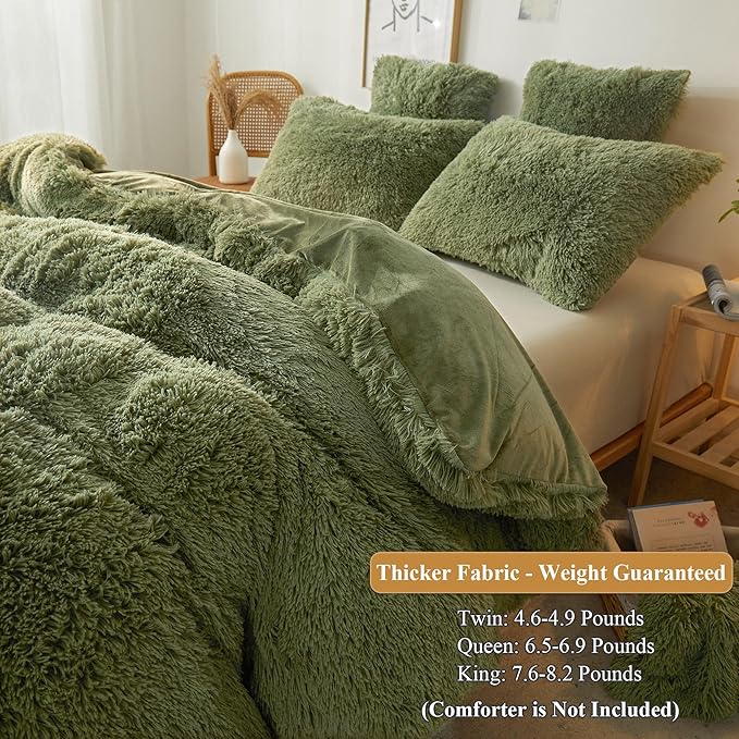 XeGe Plush Shaggy Duvet Cover Set, Luxury Soft Crystal Velvet Fluffy Furry Bedding Sets 2 Pieces(1 Faux Fur Fuzzy Comforter Cover + 1 Faux Fur Throw Pillow Sham), Zipper Closure (Twin, Sage Green)