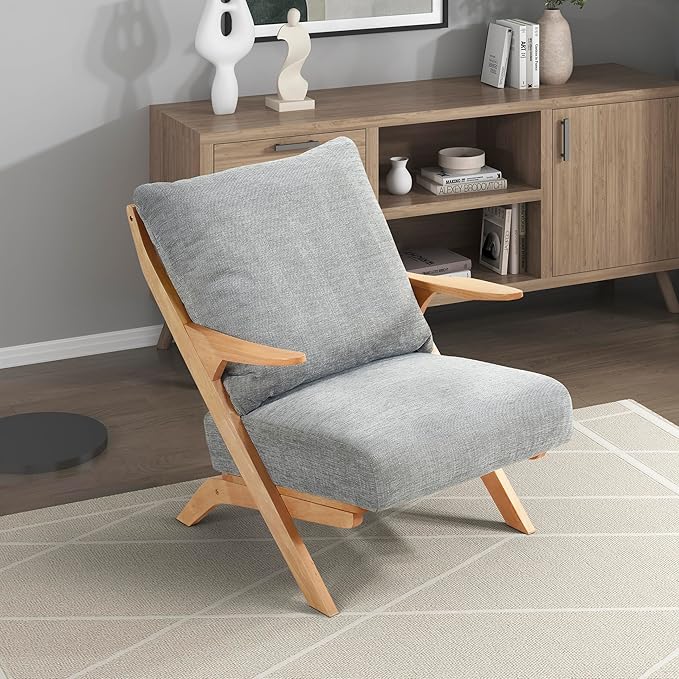 Lexicon Mid Century Modern Accent Chair, Natural Finish Solid Rubberwood Frame, Reversible Back Cushion, Woven Chenille Upholstered Reading Chair, for Living Room/Bedroom/Office, Grey