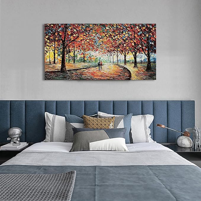 Art 24x48 Inch Hand-Painted Landscape Oil Painting Wall Art Lovers Stroll Along The Park Path Oil Painting Living Room Bedroom Wall Decoration