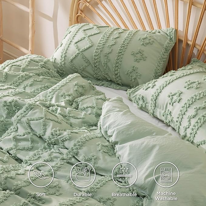 Bedsure Boho Duvet Cover Queen Size, Soft & Comfortable Elegant Design Boho Bedding for Decoration, Machine Washable Comforter Cover for All Seasons,Includes 1 Duvet Cover & 2 Pillow Shams,Light Green