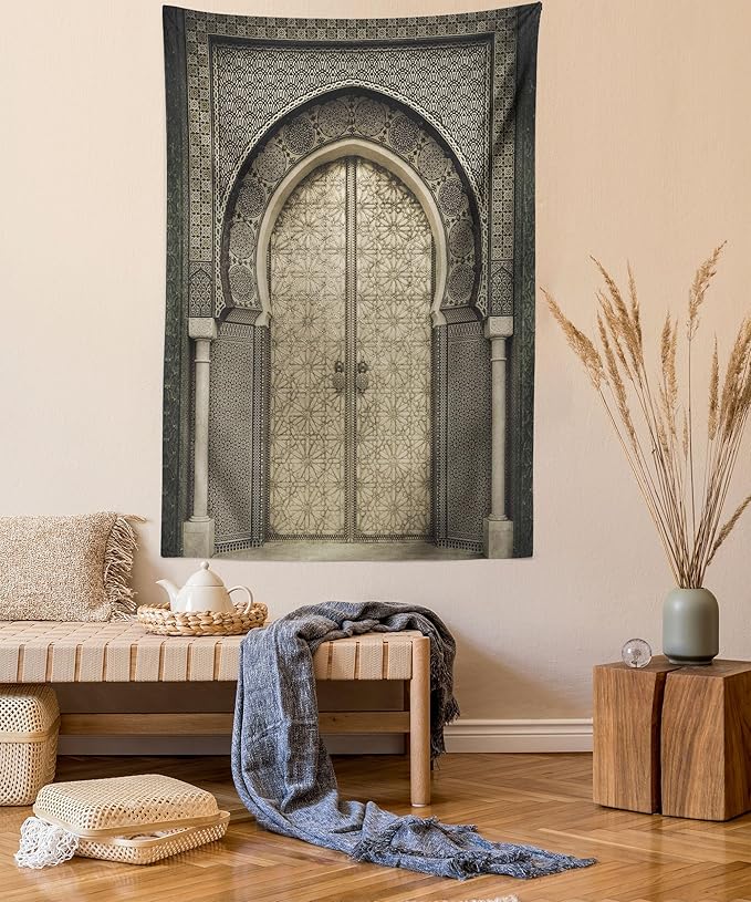 Ambesonne Moroccan Tapestry King Size, Aged Door Geometric Pattern Doorway Design Entrance Architectural Oriental Style, Wall Hanging Bedspread Bed Cover Wall Decor, 68" X 88", Sepia Black