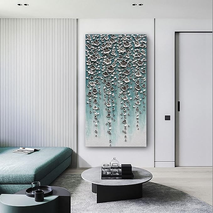 Epicler Large-Scale Oil Painting on Canvas Wall Art,46x23 inches Hand-Painted White Flower Wall Painting, Abstract Canvas Wall Art for Home Wall Decoration