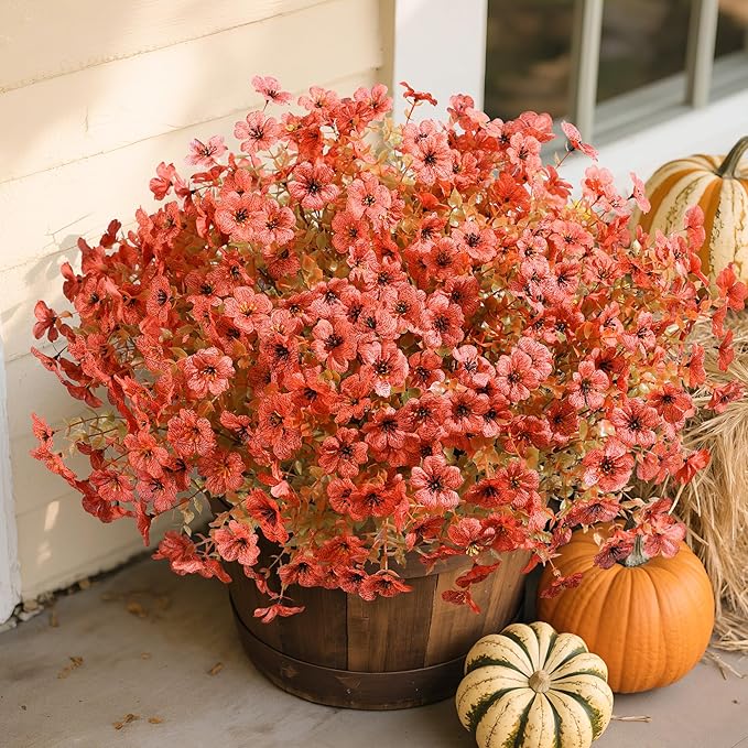 Artificial Fall Flowers Fake Mums for Outdoor Autumn Decoration, 12 Bundles Faux Silk Orange Yellow Mums Daisy Look Real UV Resistant for Outside Home Porch Patio Planter