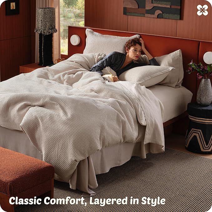 Bedsure Cotton Duvet Cover Set - 100% Cotton Waffle Weave Linen Duvet Cover Oversized King Size, GentleSoft™ and Breathable Bedding Set for All Season, 3 Pieces, 120"x98"
