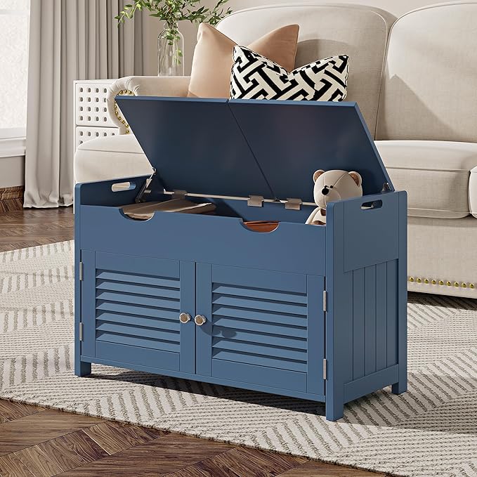 ChooChoo Shoe Storage Bench with Lift Top Storage, Entryway Bench with 2 Cushioned Seats, 3 Compartments, Adjustable Shelf, Shoe Cabinet for Entryway, Bedroom, Living Room, Blue