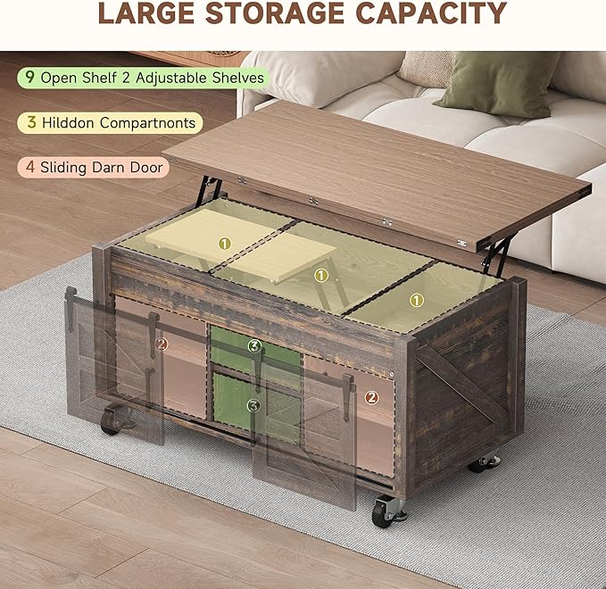 40” Farmhouse Coffee Table Bilateral Lift Top with Sliding Barn Door Movable Rustic Square Center Table with Large Hidden Storage Compartment Lifting Tabletop for Home Living Room,Office (Dark Brown)