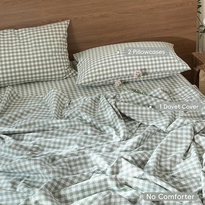 MooMee Gingham Duvet Cover Set 100% Washed Cotton Linen Like Textured Breathable Durable Soft Comfy Modern Checkered Design (Sage Green Gingham, Super King 108"x98")