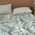 MooMee Gingham Duvet Cover Set 100% Washed Cotton Linen Like Textured Breathable Durable Soft Comfy Modern Checkered Design (Sage Green Gingham, King 104"x90")