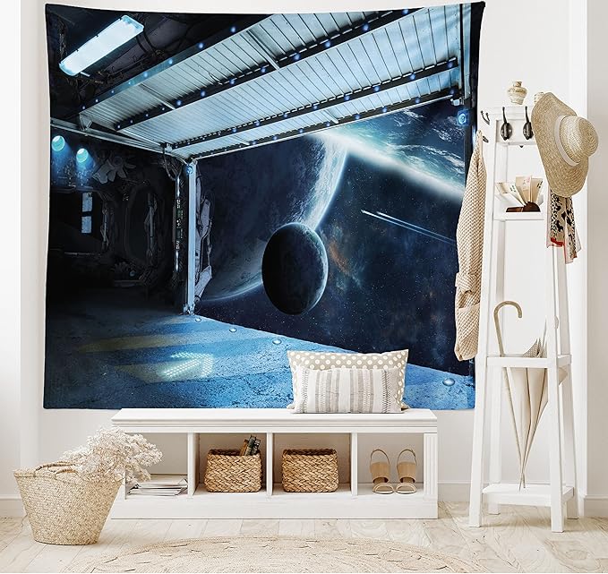 Ambesonne Outer Space Tapestry, Moon Before Station Planet Apocalypse Landing Alternative Humanoid Robots Print, Fabric Wall Hanging Decor for Bedroom Living Room Dorm, 45" X 30", Night Blue