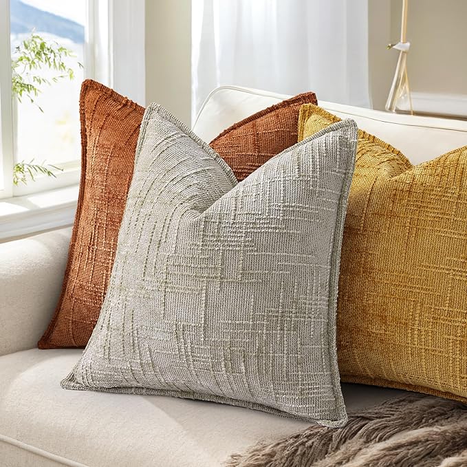 decorUhome Chenille Throw Pillow Covers 26x26 Set of 2, Thick Textured Slubby Neutral Decorative Pillow Covers with Elegant Design for Couch, Sofa, Living Room, Mustard Yellow