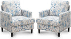 Mid-Century Accent Chair,Modern Linen Fabric Armchair for Living Room,Comfy Upholstered Reading Accent Chairs for Bedroom,Single Sofa Chair with Wood Legs (Blue Flowered Bird, 2 Pack)