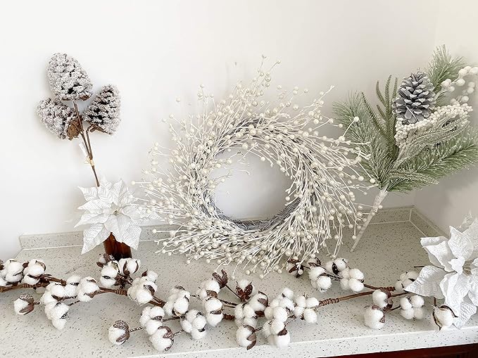 Huashen 24 Inch Winter Front Door Wreath Pearl White Berry Wreath Winter Wreaths for Front Door, Fireplace, Mantel, Xmas Christmas Décor