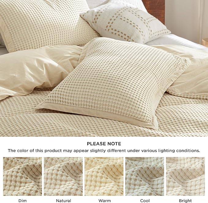 Bedsure Cooling Waffle Duvet Cover Queen - Cotton Blend Rayon Derived from Bamboo Duvet Cover Set for Hot Sleepers, Breathable Bedding Set with a Vintage Charm, 3 Pieces (Beige, Queen, 90"x90")