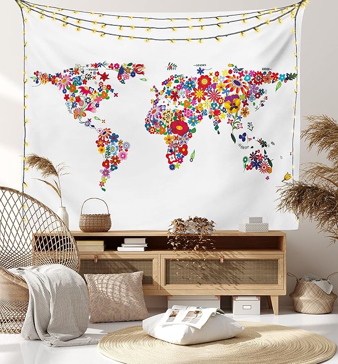 Ambesonne Floral World Map Tapestry, Bunch of Flower Petals Essence Fragrance Garden Growth Theme Atlas Image, Fabric Wall Hanging Decor for Bedroom Living Room Dorm, 45" X 30", Red White
