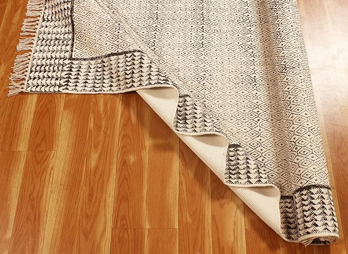 Cotton Kilim Area Rug, 9' x 12', Gray-26, Printed, Flat Woven, Bordered, Low Pile, Handmade, Washable, Indoor, Rectangular