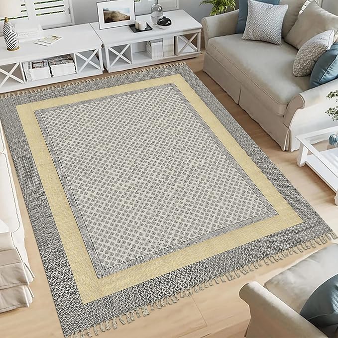 Kilim Rug 10' Square Rug Beige & Black Cotton Dhurrie Oriental Thick 0.19 inches Stone Easy Washable Rug Hand Wash Cotton Carpet Flatweave Rug Indoor Outdoor Rugs for Hall Room, Dining Room