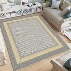 Kilim Rug 12' Square Rug Beige & Black Cotton Dhurrie Oriental Thick 0.19 inches Stone Easy Washable Rug Hand Wash Cotton Carpet Flatweave Rug Indoor Outdoor Rugs for Hall Room, Dining Room