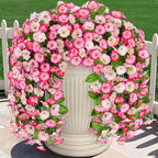 Artificial Flowers with Hanging Basket, Outdoor Faux Plants Silk Morning Glory Vines, Fake Green Arrangement for Garden Patio Spring Summer Decor (Pink)