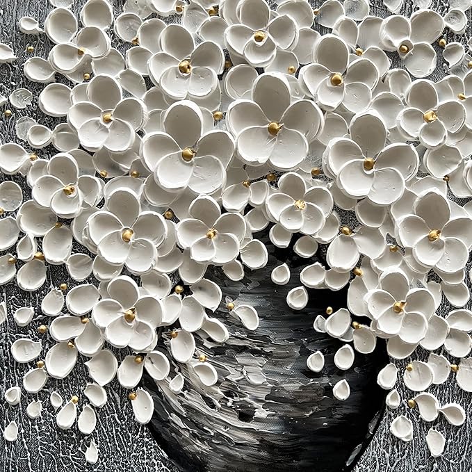 White Flower Oil Painting Modern Abstract Art Oil Painting Home Bedroom, Dining Room, Living Room, Office Wall Decoration (20x20 inches)