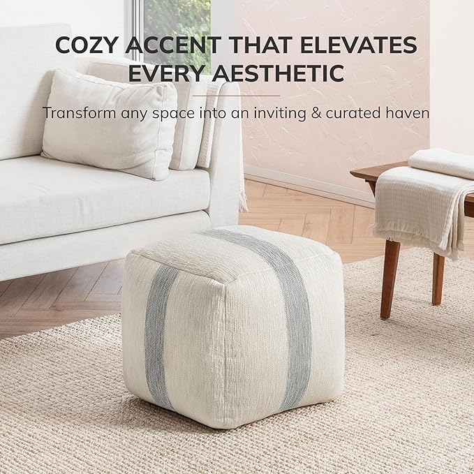 Anji Mountain Artisan Crafted Cotton Blend Pouf Ottoman | Versatile Floor Seating & Footstool for Living Room | Modern Boho Home Décor Accent | Filled Pouffe
