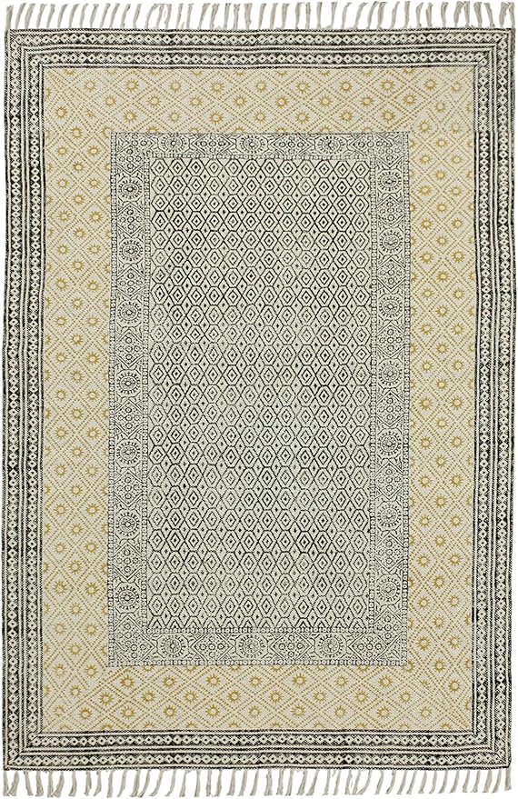 Kilim Rug 4' Square Rug Beige & Black Cotton Dhurrie Oriental Thick 0.19 inches Stone Easy Washable Rug Hand Wash Cotton Carpet Flatweave Rug Indoor Outdoor Rugs for Kitchen, Bedside, Enterway