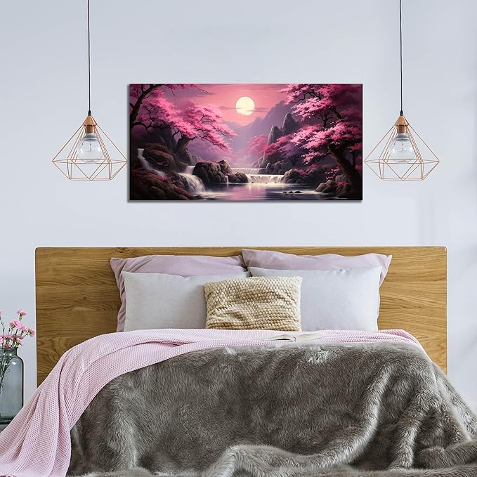 Landscape Wall Art for Living Room Bedroom Office Pink Wall Art Moon Lake Mountain Pictures Modern Artwork Framed Wall Decor Canvas Prints 20x40 Inch