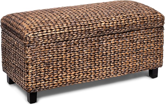 BIRDROCK HOME Abaca Storage Bench – Hand-Woven Wicker Entryway Bench w/Lift-Top Hidden Storage, Solid Wood Frame - Brown Wash