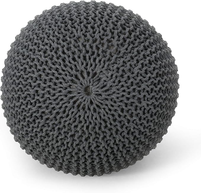Nahunta Knitted Round Pouf - Cotton - Gray