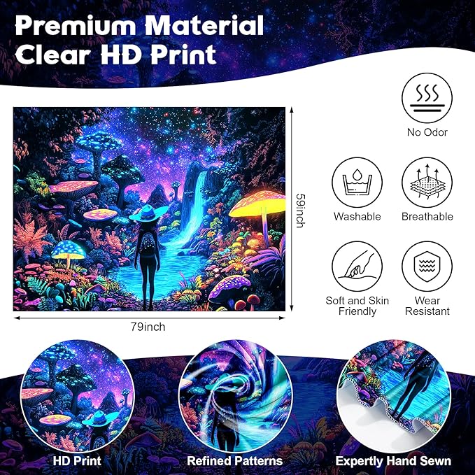 Blacklight Tapestry Girl Adventurer Tapestries Fantasy Forest Mushroom Trippy Starry Sky Cool Wall Hanging Neon Nature Plant Decor for Bedroom 79X59in