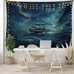 Ambesonne Landscape Tapestry King Size, Stormy and Rainy Weather Waves Vintage Ship Sailing Oil Paint, Wall Hanging Bedspread Bed Cover Wall Decor, 104" X 88", Dark Cadet Blue White