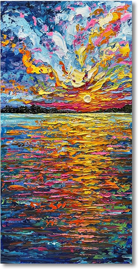 Art Hand-Painted Sea Sunrise Landscape Painting Modern Abstract Oil Painting Large Canvas Art Living Room Bedroom Corridor Wall Decoration Painting 48x24 inches